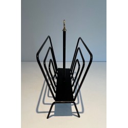 Black Lacquered Metal Magazine Rack with Compartments and Brass Ring, in the Style of Jacques Adnet, 1950s