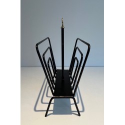 Black Lacquered Metal Magazine Rack with Compartments and Brass Ring, in the Style of Jacques Adnet, 1950s