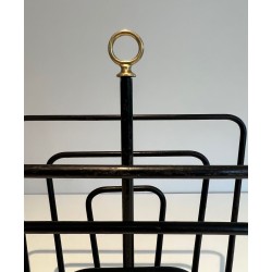 Black Lacquered Metal Magazine Rack with Compartments and Brass Ring, in the Style of Jacques Adnet, 1950s