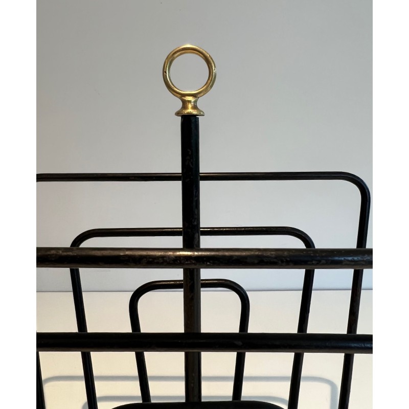 Black Lacquered Metal Magazine Rack with Compartments and Brass Ring, in the Style of Jacques Adnet, 1950s