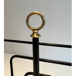 Black Lacquered Metal Magazine Rack with Compartments and Brass Ring, in the Style of Jacques Adnet, 1950s