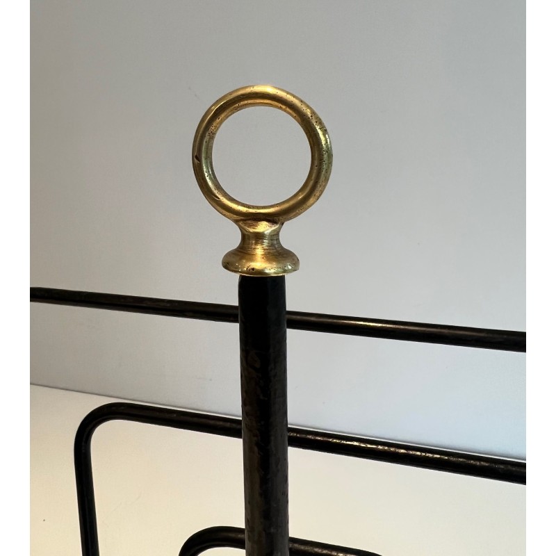 Black Lacquered Metal Magazine Rack with Compartments and Brass Ring, in the Style of Jacques Adnet, 1950s