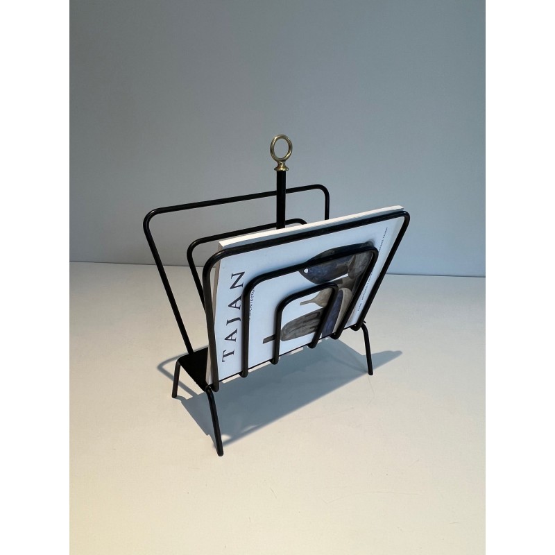 Black Lacquered Metal Magazine Rack with Compartments and Brass Ring, in the Style of Jacques Adnet, 1950s