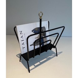 Black Lacquered Metal Magazine Rack with Compartments and Brass Ring, in the Style of Jacques Adnet, 1950s