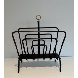 Black Lacquered Metal Magazine Rack with Compartments and Brass Ring, in the Style of Jacques Adnet, 1950s