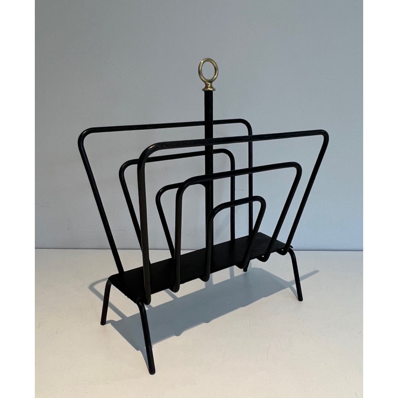 Black Lacquered Metal Magazine Rack with Compartments and Brass Ring, in the Style of Jacques Adnet, 1950s