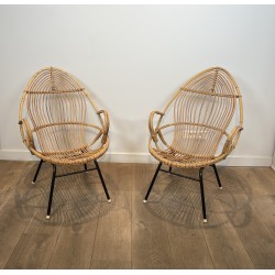 Pair of Basket Armchairs in Rattan with Black Lacquered Metal Base, 1960s Work