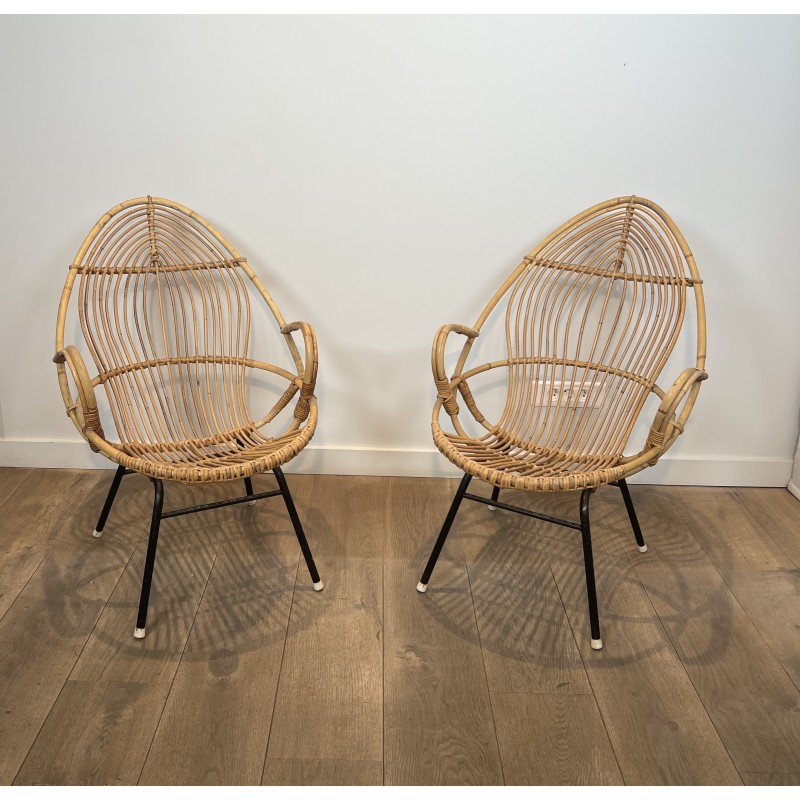 Pair of Basket Armchairs in Rattan with Black Lacquered Metal Base, 1960s Work