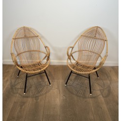 Pair of Basket Armchairs in Rattan with Black Lacquered Metal Base, 1960s Work