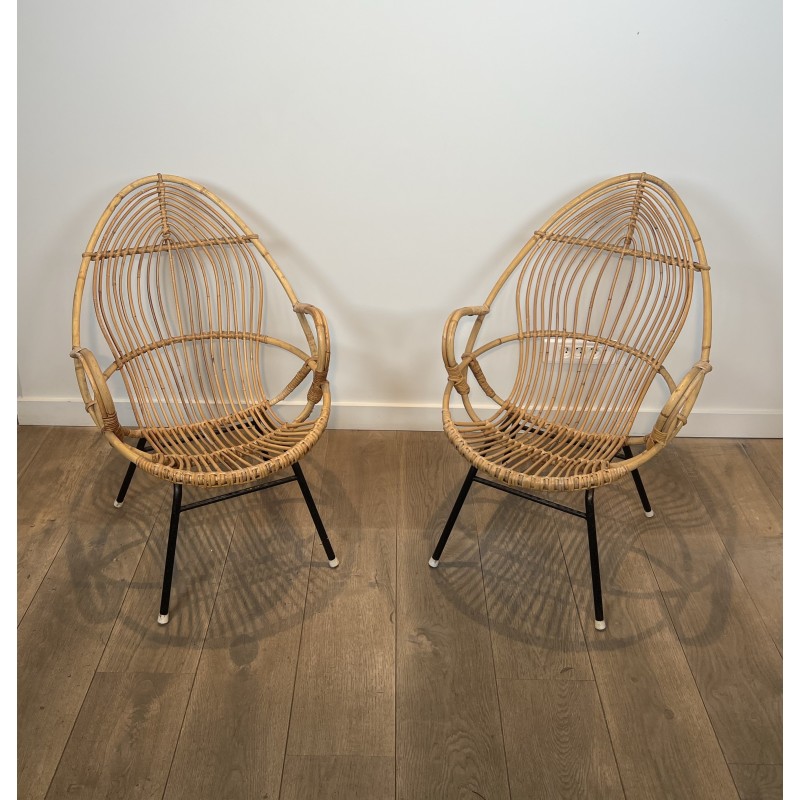 Pair of Basket Armchairs in Rattan with Black Lacquered Metal Base, 1960s Work