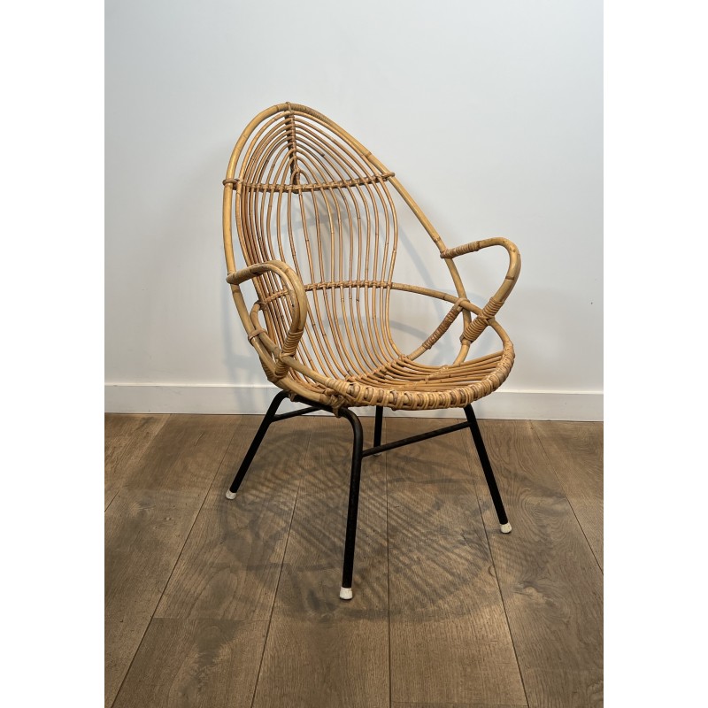 Pair of Basket Armchairs in Rattan with Black Lacquered Metal Base, 1960s Work