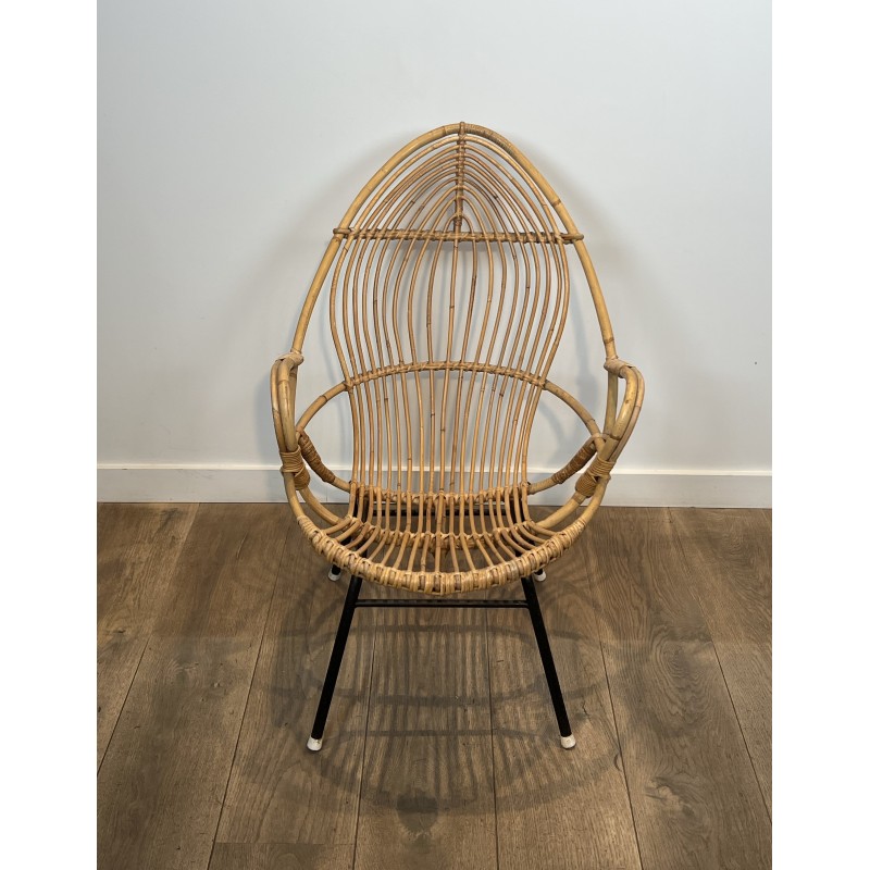 Pair of Basket Armchairs in Rattan with Black Lacquered Metal Base, 1960s Work