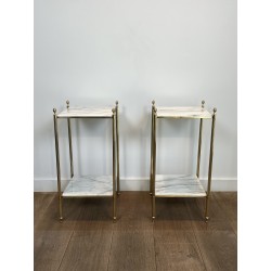Pair of Neoclassical Side Tables in Brass with Two White Marble Tiers and Pinecone Finials, Maison Jansen, 1960s /A
