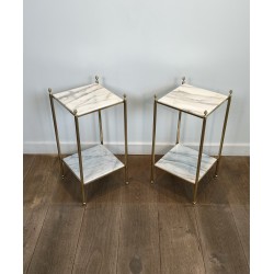 Pair of Neoclassical Side Tables in Brass with Two White Marble Tiers and Pinecone Finials, Maison Jansen, 1960s /A