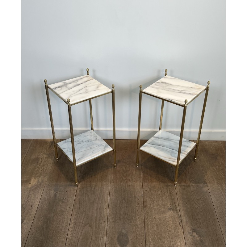 Pair of Neoclassical Side Tables in Brass with Two White Marble Tiers and Pinecone Finials, Maison Jansen, 1960s /A