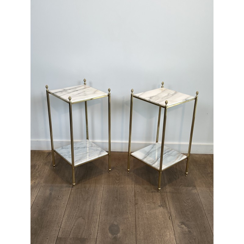 Pair of Neoclassical Side Tables in Brass with Two White Marble Tiers and Pinecone Finials, Maison Jansen, 1960s /A