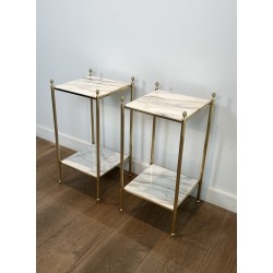 Pair of Neoclassical Side Tables in Brass with Two White Marble Tiers and Pinecone Finials, Maison Jansen, 1960s /A