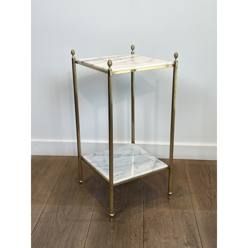 Pair of Neoclassical Side Tables in Brass with Two White Marble Tiers and Pinecone Finials, Maison Jansen, 1960s /A
