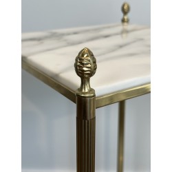Pair of Neoclassical Side Tables in Brass with Two White Marble Tiers and Pinecone Finials, Maison Jansen, 1960s /A