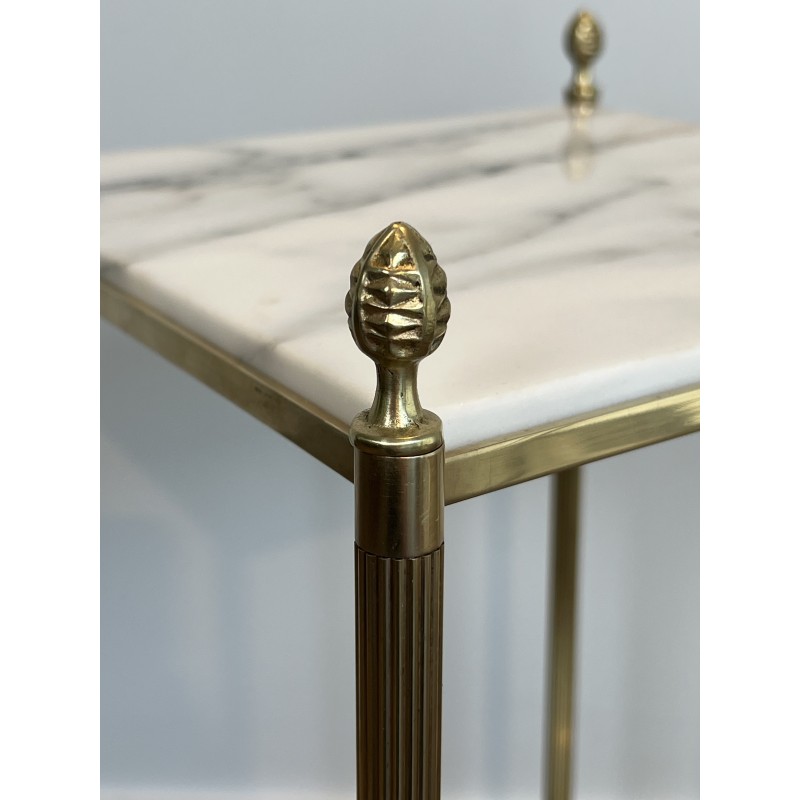 Pair of Neoclassical Side Tables in Brass with Two White Marble Tiers and Pinecone Finials, Maison Jansen, 1960s /A