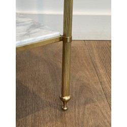 Pair of Neoclassical Side Tables in Brass with Two White Marble Tiers and Pinecone Finials, Maison Jansen, 1960s /A
