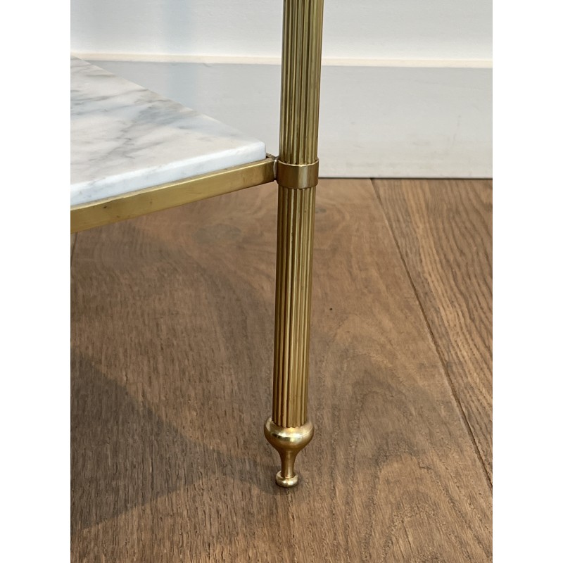 Pair of Neoclassical Side Tables in Brass with Two White Marble Tiers and Pinecone Finials, Maison Jansen, 1960s /A