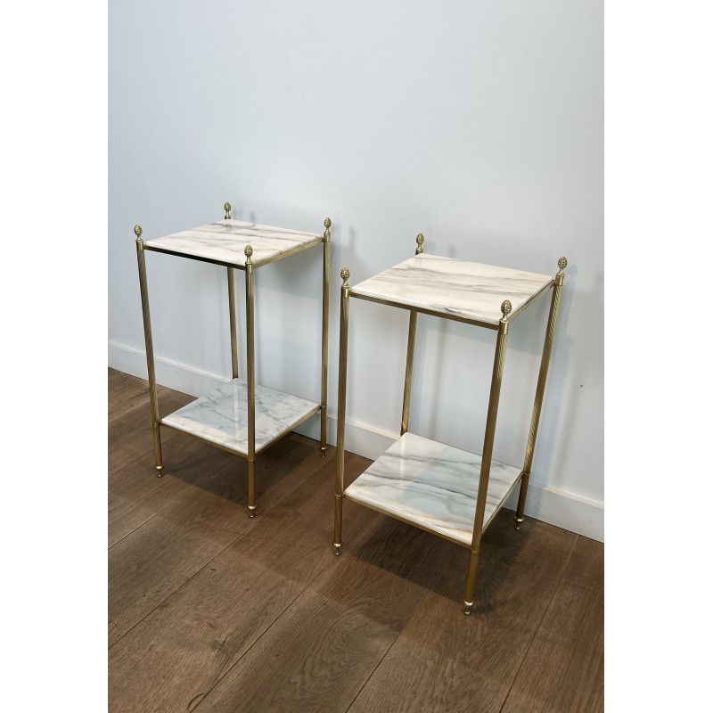 Pair of Neoclassical Side Tables in Brass with Two White Marble Tiers and Pinecone Finials, Maison Jansen, 1960s /A