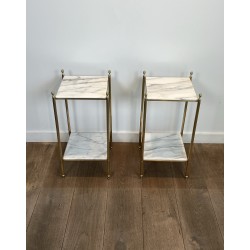 Pair of Neoclassical Side Tables in Brass with Two White Marble Tiers and Pinecone Finials, Maison Jansen, 1960s /A