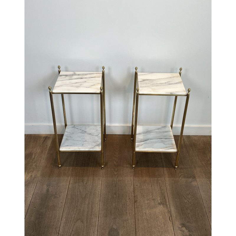 Pair of Neoclassical Side Tables in Brass with Two White Marble Tiers and Pinecone Finials, Maison Jansen, 1960s /A