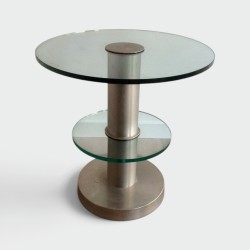 Brushed Metal Pedestal Table with Glass Slabs. Circa 1960