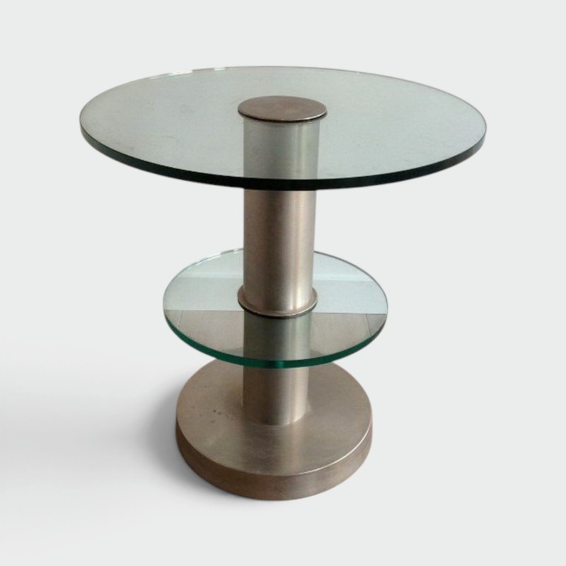 Brushed Metal Pedestal Table with Glass Slabs. Circa 1960