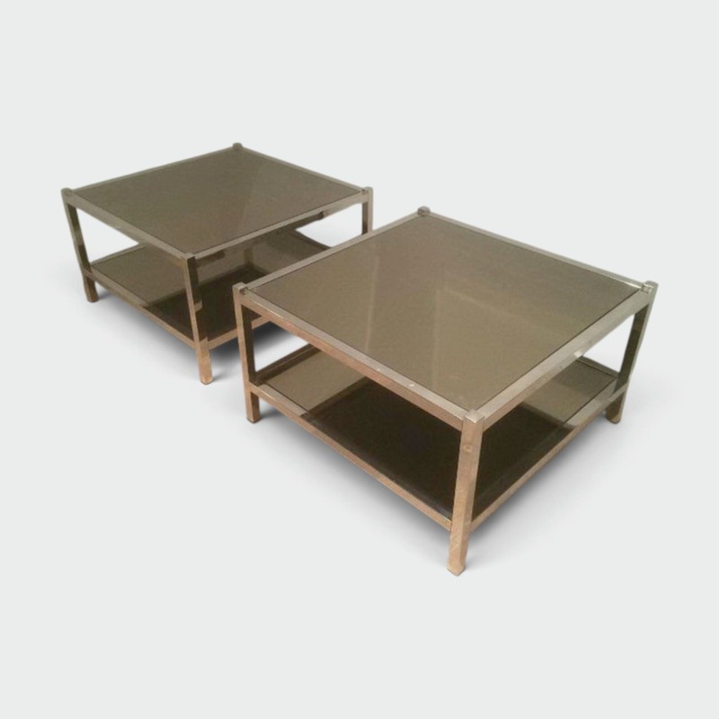 Pair of Large End Tables in Chrome and Bronze Mirrors. Circa 1970