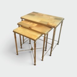 Set of 3 Nesting Tables in Gilt Metal with Onyx Tops. Circa 1940