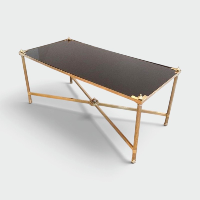 Art Déco Brass Coffee Table with Black Lacquered Glass Top, Maison Jansen, France, circa 1940
