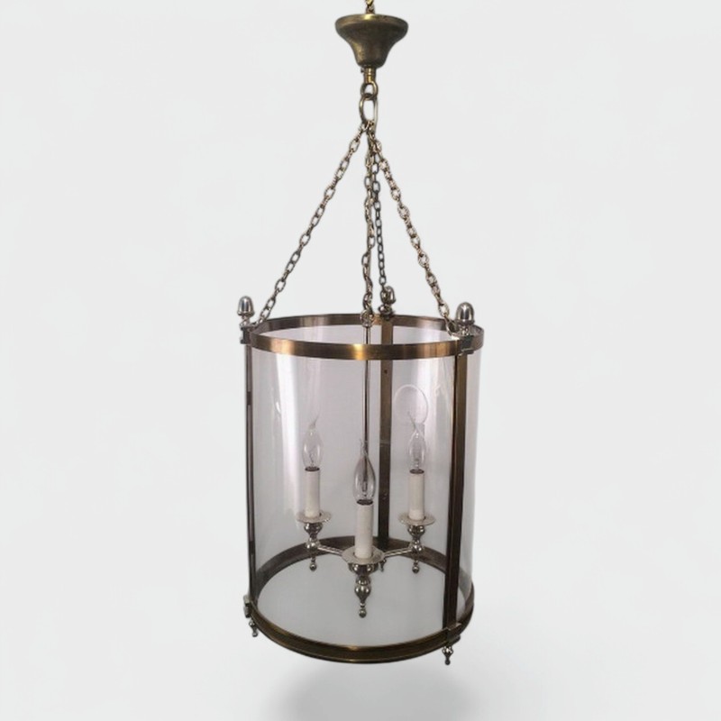 Neoclassical Brass and Silver Lantern with Round Faux-Glass
