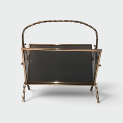 Magazine Rack in Brass Faux-Bamboo with Tinted Glass Panels, Maison Baguès, French, circa 1940