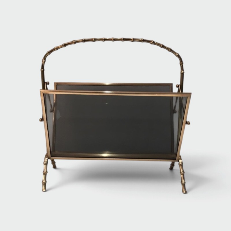 Magazine Rack in Brass Faux-Bamboo with Tinted Glass Panels, Maison Baguès, French, circa 1940