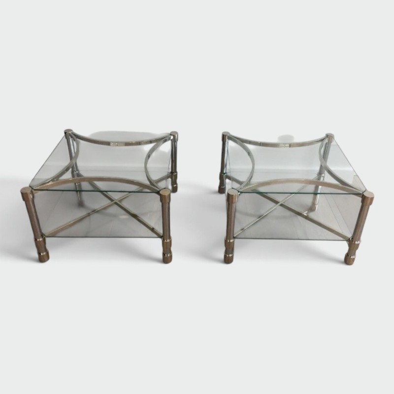 Pair of Square Chrome & Glass Low Side Tables, circa 1970