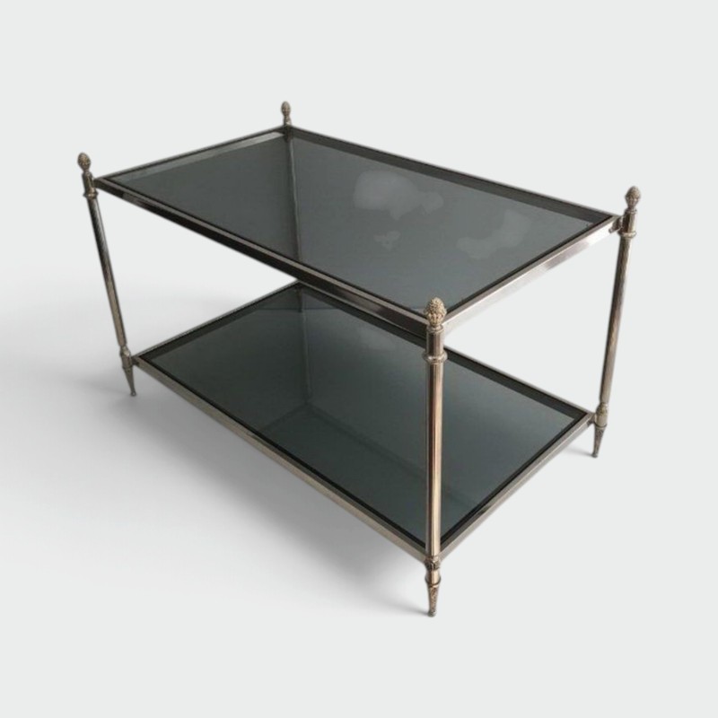 Neoclassical Silvered Coffee Table with Blue-Tinted Glass Tops