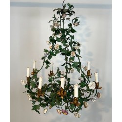 Important Louis XVI Basket Chandelier with Meissen Flowers and Lacquered Foliage, French, circa 1920