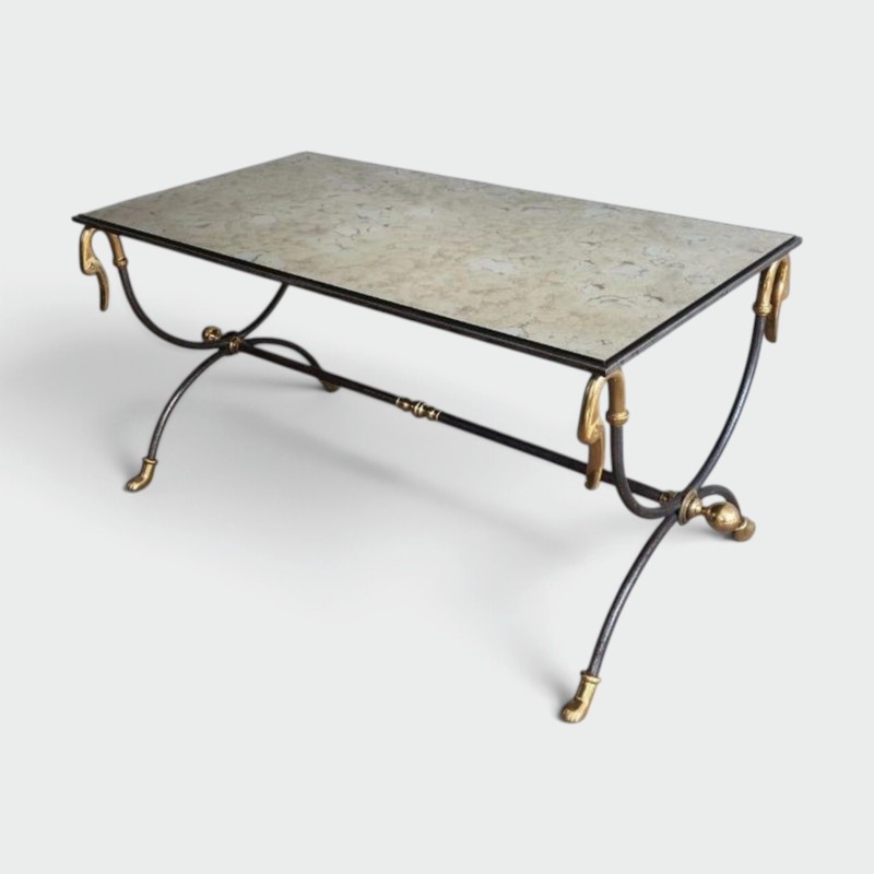 Coffee Table in Brushed Steel and Brass by Maison Jansen. Circa 1970