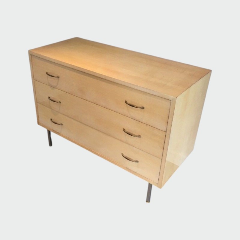 Eggshell Lacquered Chest of Drawers with Brushed Steel Legs in the Manner of Knoll. Circa 1970