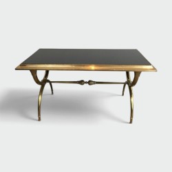 Neoclassical Coffee Table in Bronze and Brass with Black Lacquered Glass Top, Attributed to Raymond Subes. Circa 1940