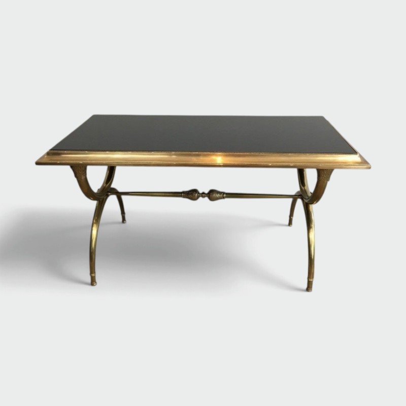 Neoclassical Coffee Table in Bronze and Brass with Black Lacquered Glass Top, Attributed to Raymond Subes. Circa 1940