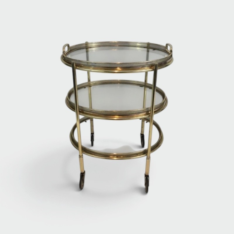 Small Oval Brass Trolley Table with 3 Removable Trays, Circa 1940