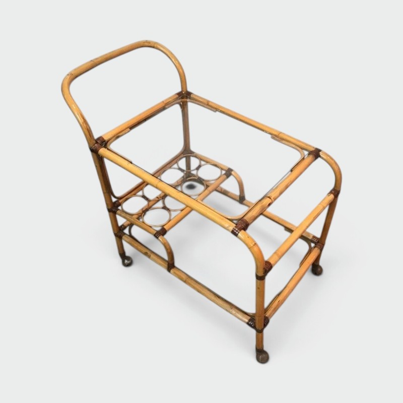 French Rattan Drinks Trolley with Interlaced Ring Panels and Leather Bindings, circa 1950