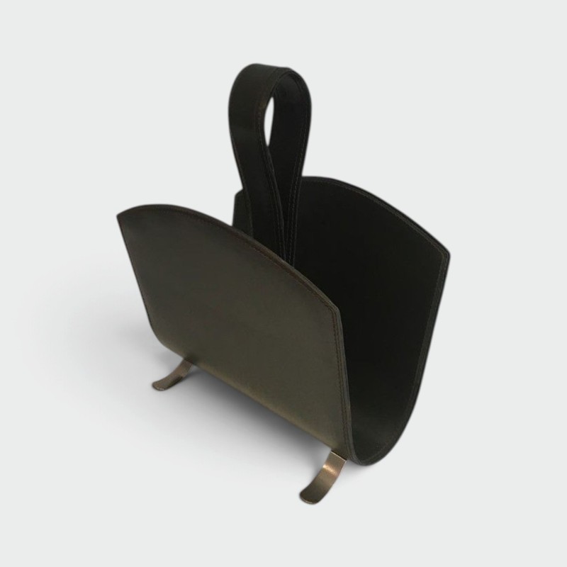 Magazine Rack in Green Leather and Brushed Steel, French, circa 1950