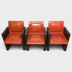 Suite of Three Brown & Orange Leather Armchairs, French, circa 1970
