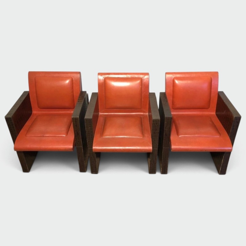 Suite of Three Brown & Orange Leather Armchairs, French, circa 1970