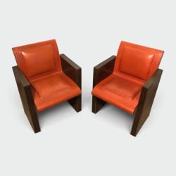 Pair of Armchairs in Brown and Orange Leather, French Production, Circa 1970